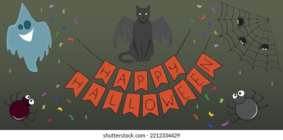 fantasma, murciélago de gato, arañas web, fiesta de halloween