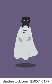 Ghost with cat. Cute Spirit with Kitten on his head. Halloween illustration. 