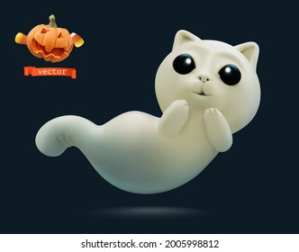 Ghost cat. Halloween holiday 3d vector cartoon icon
