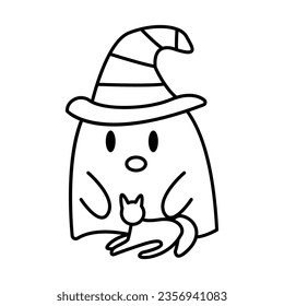 Ghost with cat. Line vector illustration.