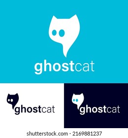 Ghost Cat Logo. A Cat That Looks Like A Ghost Or A Speech Bubble With Ears And Big Eyes. Chat Logo. Icon For Internet Chat, Fan Club, Online Community. 