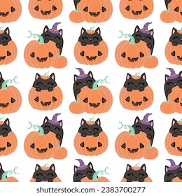 Ghost cat pattern halloween kittens faces, horror animals and cute witchcraft cats seamless vector illustration. Halloween seamless cats wallpaper