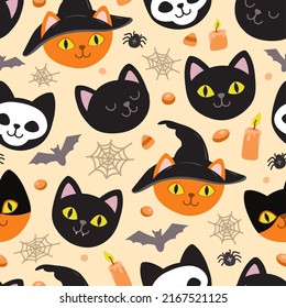 Ghost Cat Pattern. Spooky Halloween Kittens Faces, Horror Animals And Cute Witchcraft Cats Seamless Vector Illustration. Halloween Seamless Cats Wallpaper