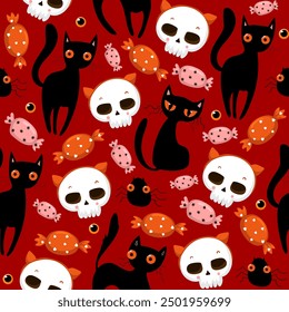 Ghost cat pattern. Spooky halloween kittens faces, horror animals and cute witchcraft cats seamless vector illustration. Halloween seamless cats wallpaper