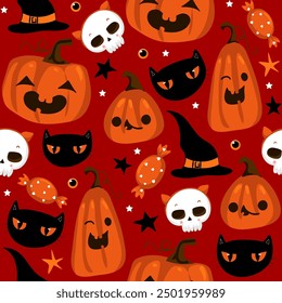 Ghost cat pattern. Spooky halloween kittens faces, horror animals and cute witchcraft cats seamless vector illustration. Halloween seamless cats wallpaper