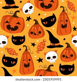 Patrón de gato fantasma. Espeluznantes rostros de gatitos de halloween, animales de terror y lindos gatos de brujería Ilustración vectorial sin costuras. Fondo de pantalla de gatos sin costura de Halloween