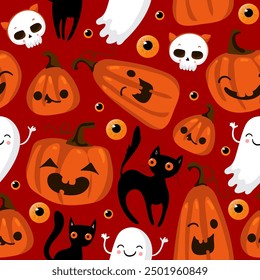 Ghost cat pattern. Spooky halloween kittens faces, horror animals and cute witchcraft cats seamless vector illustration. Halloween seamless cats wallpaper