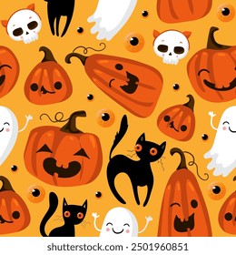 Ghost cat pattern. Spooky halloween kittens faces, horror animals and cute witchcraft cats seamless vector illustration. Halloween seamless cats wallpaper