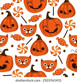 Ghost cat pattern. Spooky halloween kittens faces, horror animals and cute witchcraft cats seamless vector illustration. Halloween seamless cats wallpaper