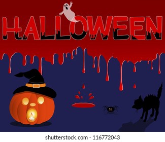 Ghost, cat and pumpkin with a candle inside on background with flowing blood. Vector illustration.