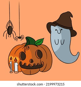 a ghost cat in a witchs hat flies next to a pumpkin and schevi