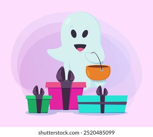 Ghost with cauldron among gift boxes on abstract background. Halloween banner design. Halloween celebration, holiday, party, presents concept. Vector illustration for poster or invitation