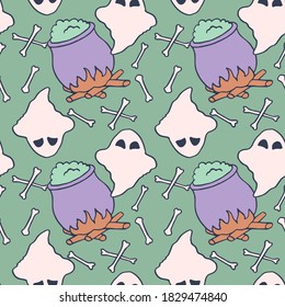 Ghost and cauldron on green backdrop. Halloween seamless pattern for wallpaper, wrap paper, sleeper, bath tile, apparel or bed linen Phone case or cloth print. Doodle style stock vector illustration