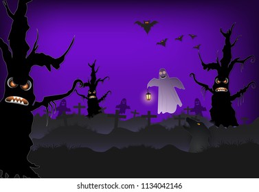 Ghost in cemetery and bat Halloween paper art background, paper cut style illustration
