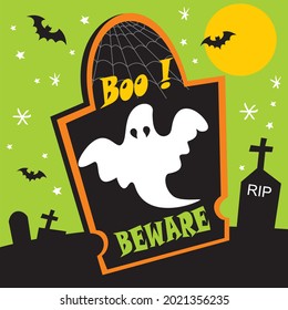 Ghost and cemetery decorations for halloween greeting card
