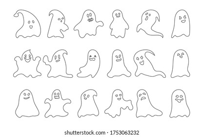 Ghost character black line set. Simple template scary spook symbol Halloween. Empty outline funny cute ghostly October apparition. Horror monster with different face shape Isolated vector illustration