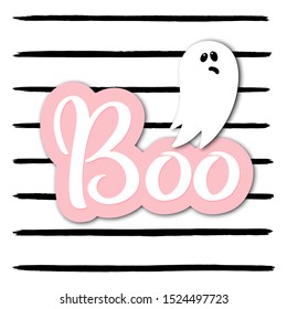 Ghost character and boo hand drawn text poster for pink Halloween party invitation, trick and treat fabric, scary ghost event greeting card, poster, banner, Spooky vector cartoon funny poltergeist
