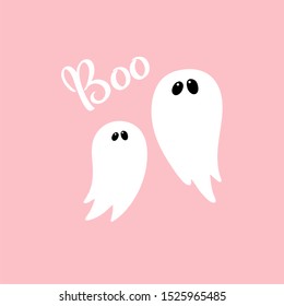 Ghost character and boo hand drawn text poster for pink Halloween party invitation, trick and treat fabric, scary ghost event greeting card, poster, banner, Spooky vector cartoon funny poltergeist