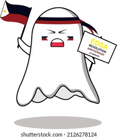personaje fantasma haciendo un llamado para el 25 de febrero, aniversario de la Revolución EDSA. diseño bonito y elegante para camisetas, pegatinas, elementos de logotipo, mascota, dibujos animados