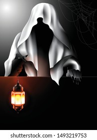 A ghost character, devil zombie holding a lamp haunting behind the black sheet, empty space for text, decorated with spider webs. Vector illustration for halloween.