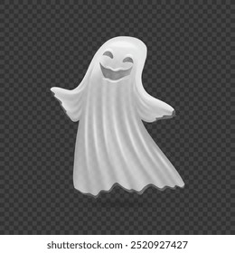 Personagem fantasma com sorriso misterioso no rosto. Aparição vetorial de casa assombrada, criatura ou personagem para assustar. Decoração ou fantasia de férias em fundo transparente