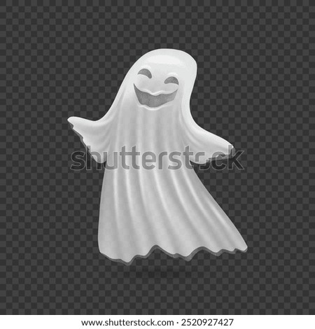 Ghost character with eerie smile on face. Vector apparition from haunted house, creature or personage for frightening. Holiday decoration or costume on transparent background
