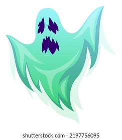 Ghost character. Halloween cartoon decor element, scary ghostly monster, spooks flying green poltergeist with evil eyes and mouth, devil face, decorative object vector nightmare illustration