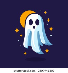 Ghost character. Halloween ghost. Magic scary spirit. Halloween levitating phantom. Cute funny happy spirit icon. Halloween phantom design vector illustration. Halloween Promotion Poster. Flat style