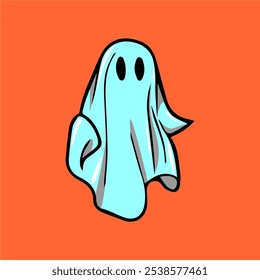 Personagem fantasma. Fantasma de Halloween. Espírito assustador mágico. Fantasma levitante Halloween. Ilustração de vetor de design fantasma de Halloween. Plano de fundo laranja do cartaz de promoção de Halloween
