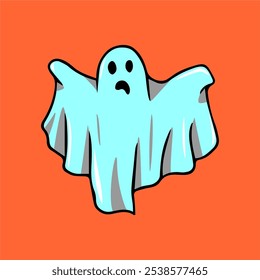 Ghost character. Halloween ghost. Magic scary spirit. Halloween levitating phantom. Halloween phantom design vector illustration. Halloween Promotion Poster orange background