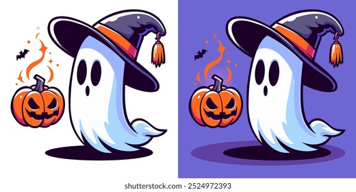 Ghost character. Halloween ghost, pumpkin and witch hat. Phantom holding pumpkin. Spooky cartoon elements. Cute Halloween Ghot. Spirit in witch hat. Night of the ghost. Specter with pumpkin. Phantom