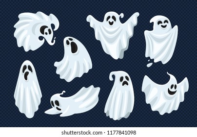 Ghost character. Halloween scary ghostly monster, dead boo spook and cute funny boohoo spooky fly anima or horror curious devil phantom costume isolated cartoon vector icon set