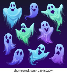 Ghost character. Halloween scary ghostly monster, spooks. Cute funny friendly ghoul, horror phantoms and holiday costume vector cartoon buster frightening creature design