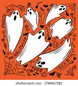 Ghost character. Halloween scary ghostly monster, dead boo spook and cute funny boohoo spooky fly anima or horror curious devil phantom costume isolated cartoon doodle set