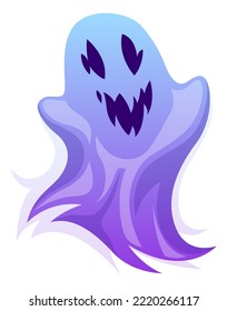 Ghost character. Halloween scary ghostly monster, purple spooks evil face, autumn horror holiday, scary party object, nightmare creature, simple isolated phantom, vector cartoon illustration