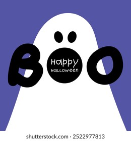 Ghost character. Halloween ghost screams the word BOO. scary spirit. Levitating Halloween ghost. Cute happy spirit. vector flat illustration. Halloween advertising poster