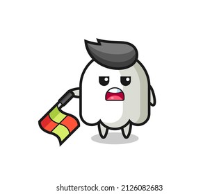 ghost character as line judge hold the flag down at a 45 degree angle , cute style design for t shirt, sticker, logo element