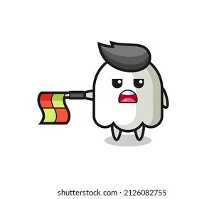 ghost character as line judge hold the flag straight horizontally , cute style design for t shirt, sticker, logo element