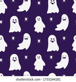 Ghost character seamless pattern. Design limitless background of creepy funny cute ghostly Halloween monsters. Spook with faces emotion. Ornament for paper wrap, fabric, print. Vector illustration