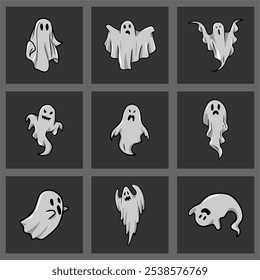 Ghost character set. Halloween ghost. Magic scary spirit. Halloween levitating phantom. Cute funny happy spirit icon. Halloween phantom design vector illustration. Halloween Promotion Poster. 