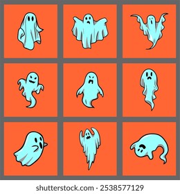 Ghost character set. Halloween ghost. Magic scary spirit. Halloween levitating phantom. Halloween phantom design vector illustration. Halloween Promotion Poster orange backgr