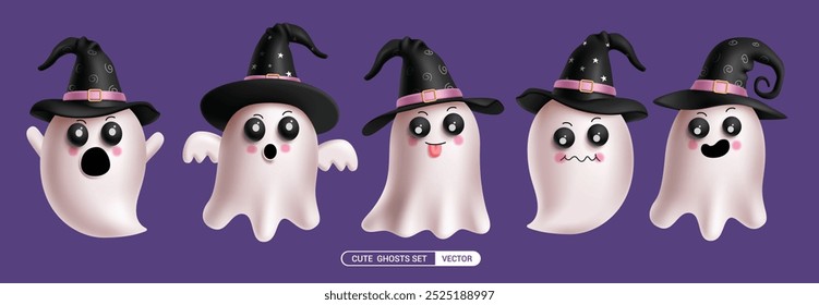 Diseño de Vector de conjunto de personajes fantasma. Colección linda del espíritu del fantasma de Halloween con la expresión facial aterradora, espeluznante, feliz y traviesa aislada en fondo violeta. Ilustración vectorial lindo conjunto de monstruos.  