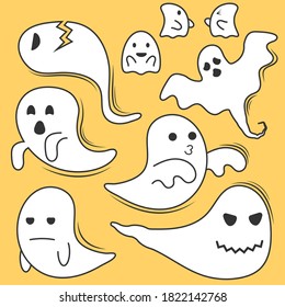 Ghost character. Ghost character vector with different expression. Halloween Scary ghostly monster, dead boo spook and cute funny boohoo spooky fly. Halloween ghosts. Halloween ghosts Vector