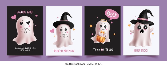 Ghost characters card vector poster set design. Halloween trick or treat greeting text with in love, happy and cute floating spirit collection template. Vector illustration horror party post card. 
