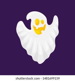 Ghost characters. A creepy white spirit flies with a scary and sweet face. Cartoon and flat style. Vector illustration isolated on white background.