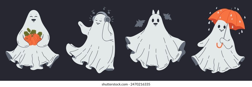 Ghost characters. Halloween cute phantoms, funny ghosted spooky spirits, spooky night shadows flat vector illustrations set. Hand drawn cheerful ghosts