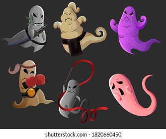 Ghost characters. Halloween night background pattern, cartoon vector illustration. Halloween holiday party celebration.