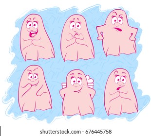 Ghost characters on blue background with emotions