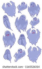 Ghost characters sticker set. Vector illustration of stylish cartoon ghosts isolated on white.
