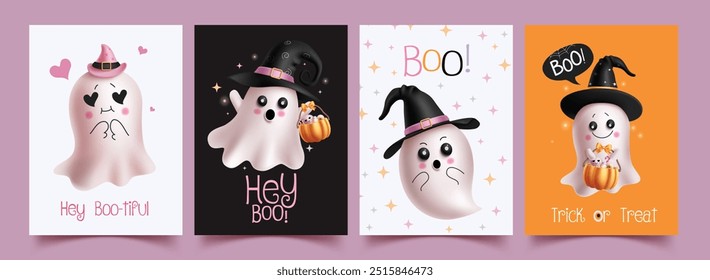 Diseño de conjunto de póster de Vector de personajes fantasma. Tarjeta de felicitación de truco o trato de Halloween con colección de Plantilla de postal de personajes fantasmas enamorados, felices y voladores. Ilustración vectorial horror fiesta tarjeta 